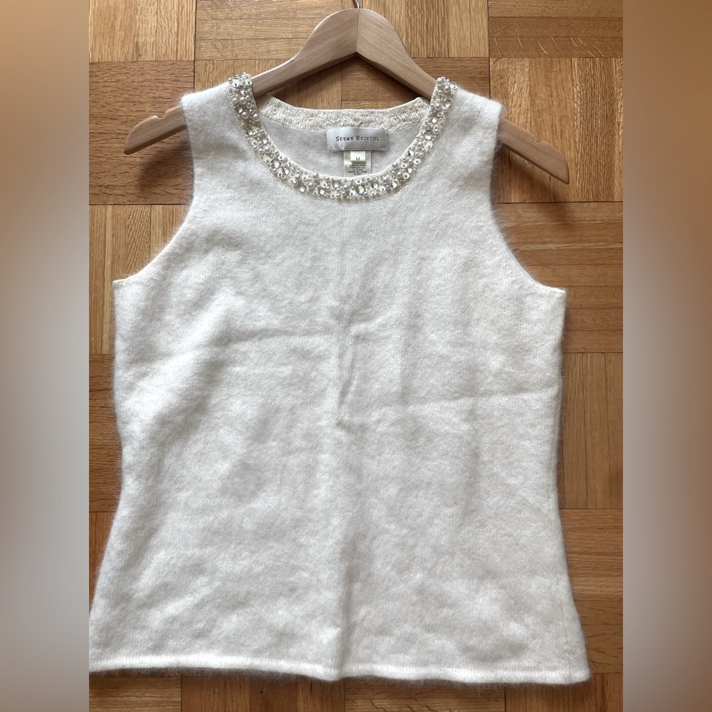 Susan Bristol Medium White fuzzy tank with embellished neck line